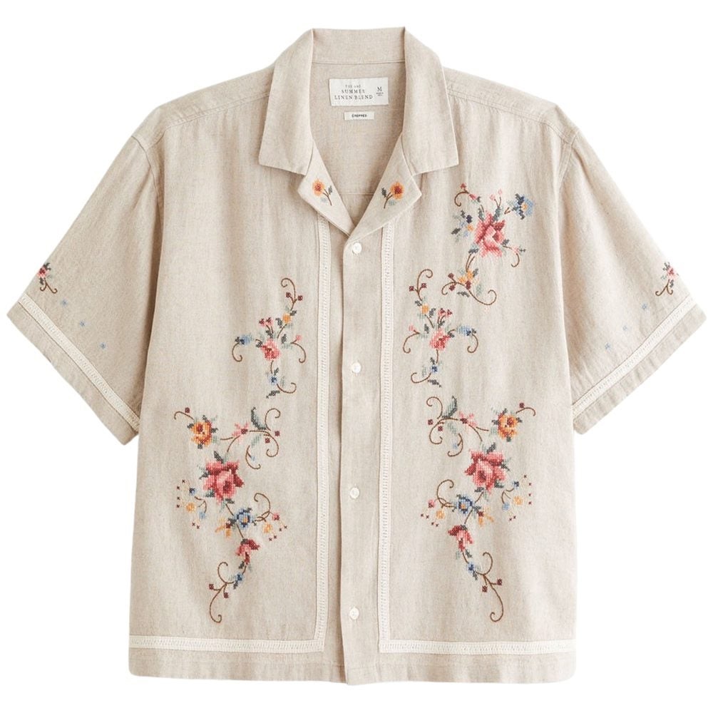 Abercrombie Camp Collar Cropped Summer Linen-Blend Embroidered Shirt